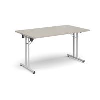 Rectangular folding leg table with white legs and straight foot rails 1400mm x 800mm - Light Grey
