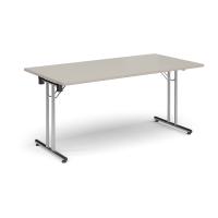 Rectangular folding leg table with chrome legs and straight foot rails 1600mm x 800mm - Light Grey
