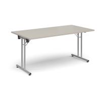 Rectangular folding leg table with silver legs and straight foot rails 1600mm x 800mm - Light Grey