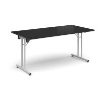 Rectangular folding leg table with white legs and straight foot rails 1600mm x 800mm - Black