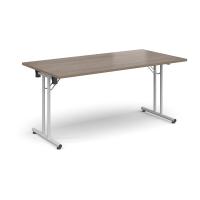 Rectangular folding leg table with white legs and straight foot rails 1600mm x 800mm - Barcelona Walnut