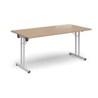 Rectangular folding leg table with white legs and straight foot rails 1600mm x 800mm - Kendal Oak