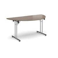 Semi circular folding leg table with chrome legs and straight foot rails 1600mm x 800mm - Barcelona Walnut