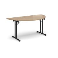 Semi circular folding leg table with black legs and straight foot rails 1600mm x 800mm - Kendal Oak