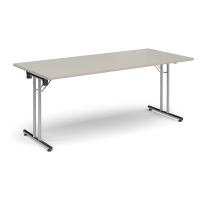 Rectangular folding leg table with chrome legs and straight foot rails 1800mm x 800mm - Light Grey