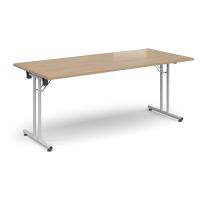 Rectangular folding leg table with white legs and straight foot rails 1800mm x 800mm - Kendal Oak