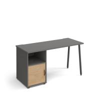 Sparta straight desk 1400mm x 600mm with A-frame leg and support pedestal with cupboard door - charcoal frame, grey finish with oak door