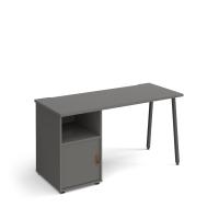 Sparta straight desk 1400mm x 600mm with A-frame leg and support pedestal with cupboard door - charcoal frame, grey finish with grey door