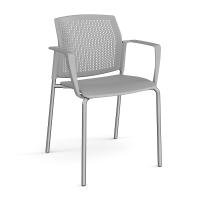 Santana 4 leg stacking chair with plastic seat and perforated back, chrome frame and fixed arms - grey