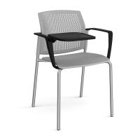 Santana 4 leg stacking chair with plastic seat and perforated back, chrome frame with arms and writing tablet - grey