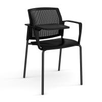 Santana 4 leg stacking chair with plastic seat and perforated back, black frame with arms and writing tablet - black