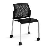 Santana 4 leg mobile chair with plastic seat and perforated back, chrome frame with castors and no arms - black