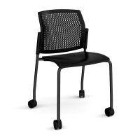 Santana 4 leg mobile chair with plastic seat and perforated back, black frame with castors and no arms - black