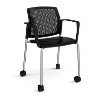 Santana 4 leg mobile chair with plastic seat and perforated back, chrome frame with castors and fixed arms - black
