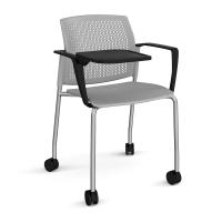 Santana 4 leg mobile chair with plastic seat and perforated back, chrome frame with castors, arms and writing tablet - grey