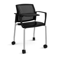 Santana 4 leg mobile chair with plastic seat and perforated back, chrome frame with castors, arms and writing tablet - black