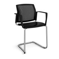 Santana cantilever chair with plastic seat and perforated back, chrome frame and fixed arms - black