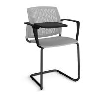 Santana cantilever chair with plastic seat and perforated back, black frame with arms and writing tablet - grey