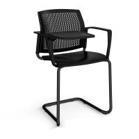 Santana cantilever chair with plastic seat and perforated back, black frame with arms and writing tablet - black