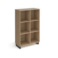 Sparta cube storage unit 1370mm high with 6 open boxes and charcoal A-frame legs - oak