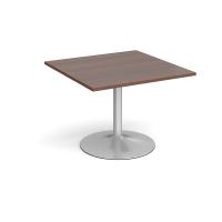 Trumpet base square extension table 1000mm x 1000mm - silver base, walnut top