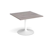 Trumpet base square extension table 1000mm x 1000mm - white base, grey oak top