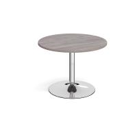 Trumpet base circular boardroom table 1000mm - chrome base, grey oak top