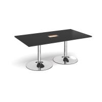 Trumpet base rectangular boardroom table 1800mm x 1000mm with central cutout 272mm x 132mm - chrome base, black top