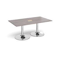 Trumpet base rectangular boardroom table 1800mm x 1000mm with central cutout 272mm x 132mm - chrome base, grey oak top