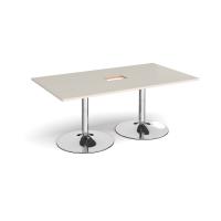 Trumpet base rectangular boardroom table 1800mm x 1000mm with central cutout 272mm x 132mm - chrome base, light grey top