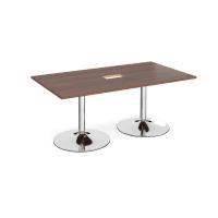 Trumpet base rectangular boardroom table 1800mm x 1000mm with central cutout 272mm x 132mm - chrome base, walnut top