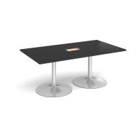 Trumpet base rectangular boardroom table 1800mm x 1000mm with central cutout 272mm x 132mm - silver base, black top