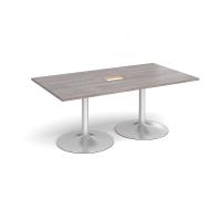 Trumpet base rectangular boardroom table 1800mm x 1000mm with central cutout 272mm x 132mm - silver base, grey oak top