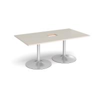Trumpet base rectangular boardroom table 1800mm x 1000mm with central cutout 272mm x 132mm - silver base, light grey top