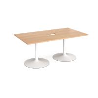 Trumpet base rectangular boardroom table 1800mm x 1000mm with central cutout 272mm x 132mm - white base, beech top