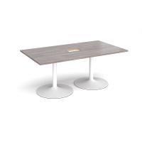 Trumpet base rectangular boardroom table 1800mm x 1000mm with central cutout 272mm x 132mm - white base, grey oak top