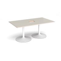 Trumpet base rectangular boardroom table 1800mm x 1000mm with central cutout 272mm x 132mm - white base, light grey top