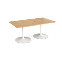 Trumpet base rectangular boardroom table 1800mm x 1000mm with central cutout 272mm x 132mm - white base, oak top