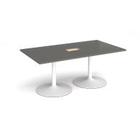 Trumpet base rectangular boardroom table 1800mm x 1000mm with central cutout 272mm x 132mm - white base, onyx grey top
