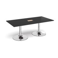Trumpet base rectangular boardroom table 2000mm x 1000mm with central cutout 272mm x 132mm - chrome base, black top