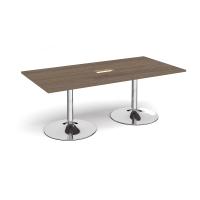 Trumpet base rectangular boardroom table 2000mm x 1000mm with central cutout 272mm x 132mm - chrome base, Barcelona walnut top