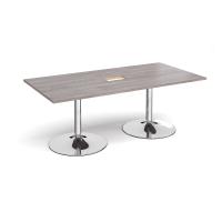 Trumpet base rectangular boardroom table 2000mm x 1000mm with central cutout 272mm x 132mm - chrome base, grey oak top