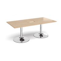 Trumpet base rectangular boardroom table 2000mm x 1000mm with central cutout 272mm x 132mm - chrome base, kendal oak top