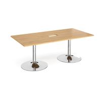 Trumpet base rectangular boardroom table 2000mm x 1000mm with central cutout 272mm x 132mm - chrome base, oak top