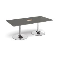 Trumpet base rectangular boardroom table 2000mm x 1000mm with central cutout 272mm x 132mm - chrome base, onyx grey top
