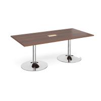 Trumpet base rectangular boardroom table 2000mm x 1000mm with central cutout 272mm x 132mm - chrome base, walnut top