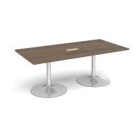 Trumpet base rectangular boardroom table 2000mm x 1000mm with central cutout 272mm x 132mm - silver base, Barcelona walnut top