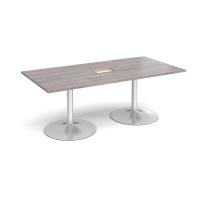 Trumpet base rectangular boardroom table 2000mm x 1000mm with central cutout 272mm x 132mm - silver base, grey oak top