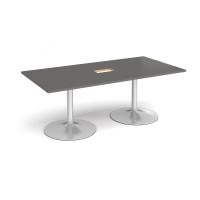 Trumpet base rectangular boardroom table 2000mm x 1000mm with central cutout 272mm x 132mm - silver base, onyx grey top