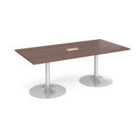 Trumpet base rectangular boardroom table 2000mm x 1000mm with central cutout 272mm x 132mm - silver base, walnut top